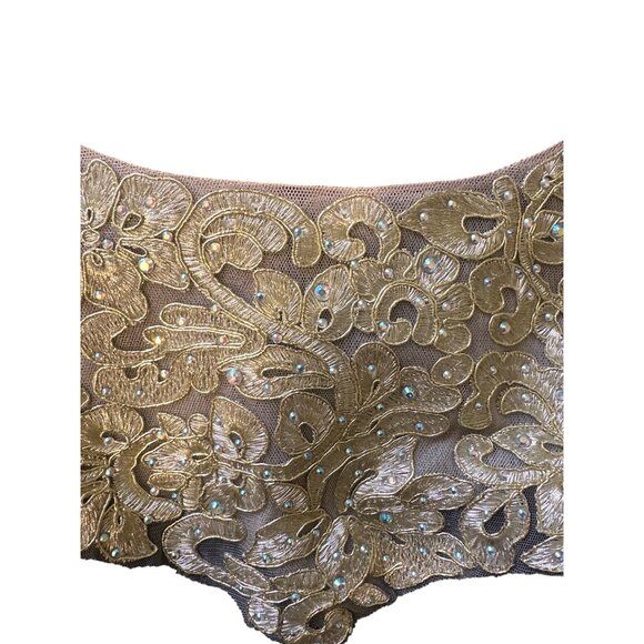 Elegant SL Fashions Black Maxi Dress With Gold Embellished Lace Bodice & Draped - Picture 5 of 8